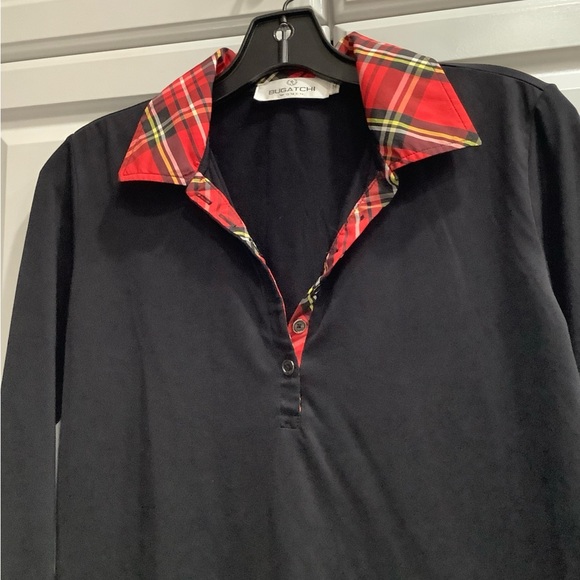 Bugatchi Womens M Black Red Striped Button 3/4 Sleeve Stretch Soft Polo Golf Top - Picture 8 of 10